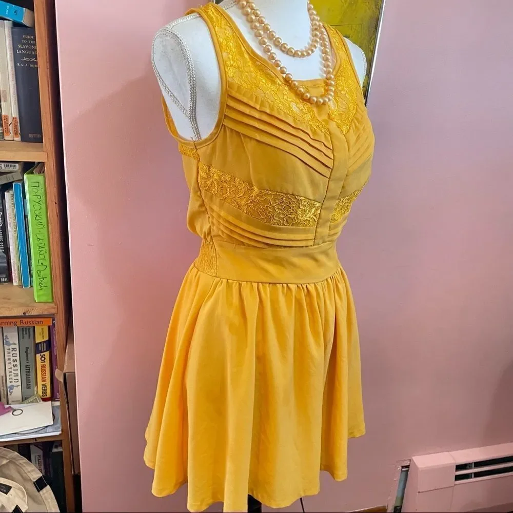 Hollywould Goldenrod Flowy Lace Wasp Waist Romper